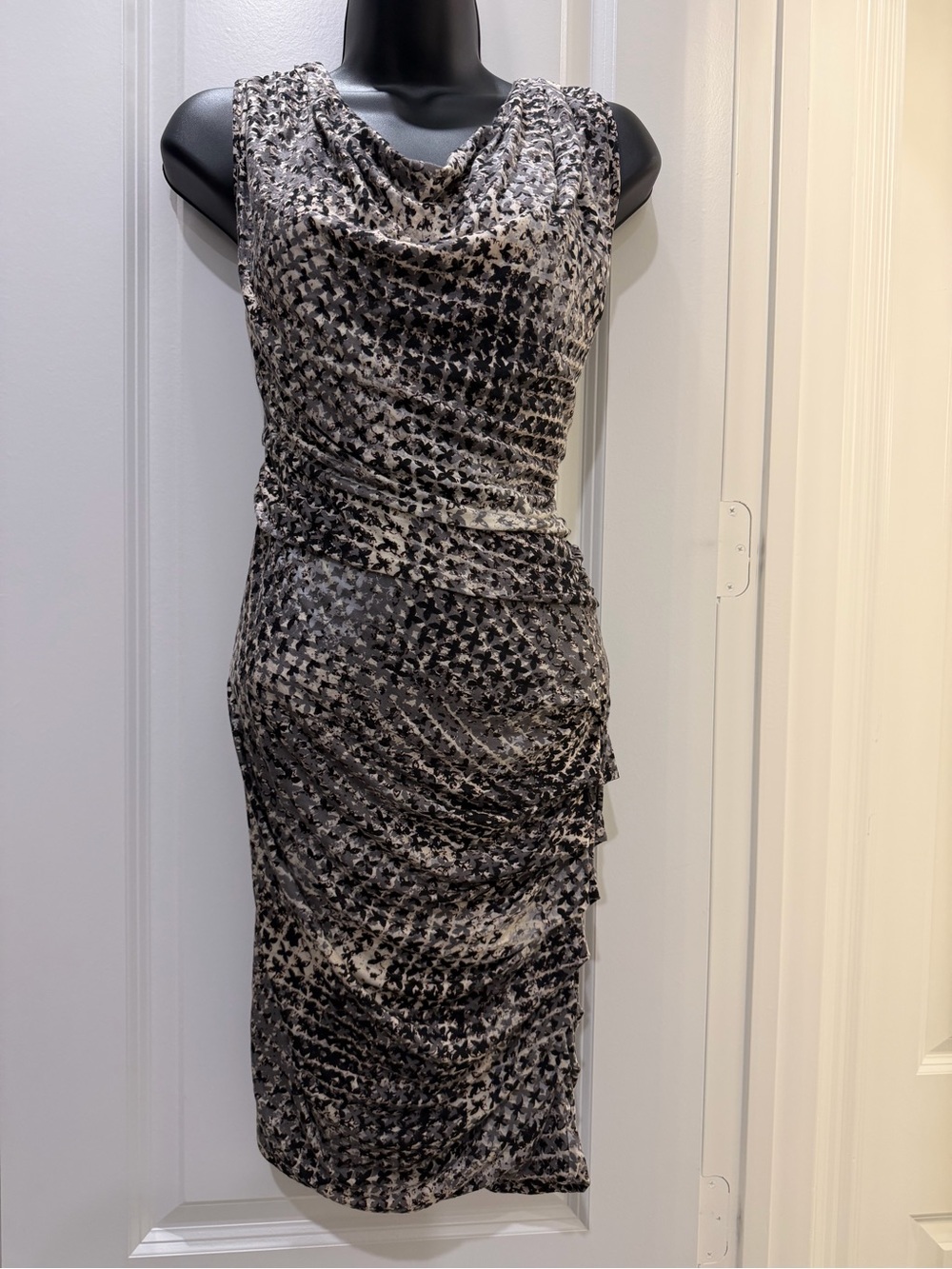 Halston Heritage Black and Gray Sleeveless Cowl Midi Dress